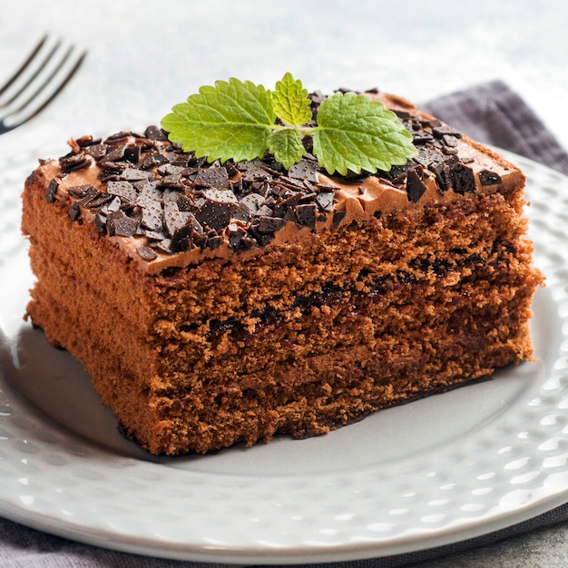 Chocolate cake on a white plate