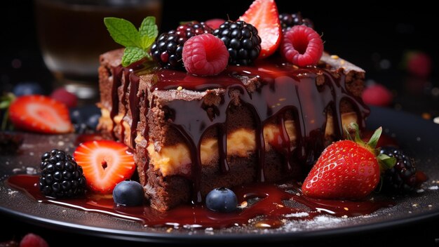 a chocolate cake with berries and berries on top of it