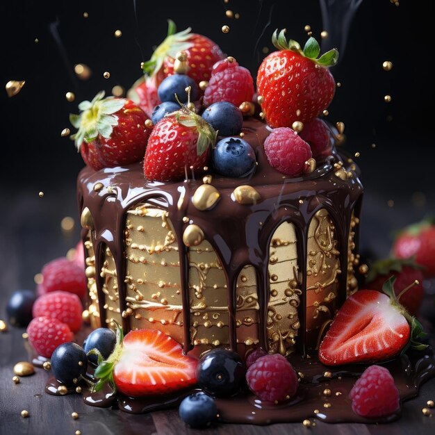 Chocolate cake with berries and chocolate drip