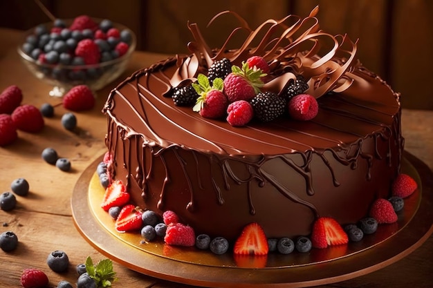 Chocolate cake with berries and chocolate frosting Generative AI