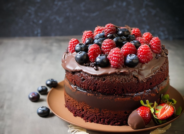 Chocolate cake with berries and copy space