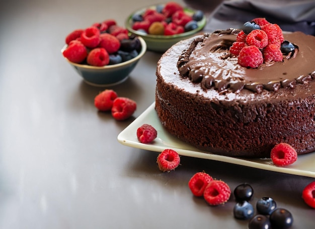 Chocolate cake with berries and copy space