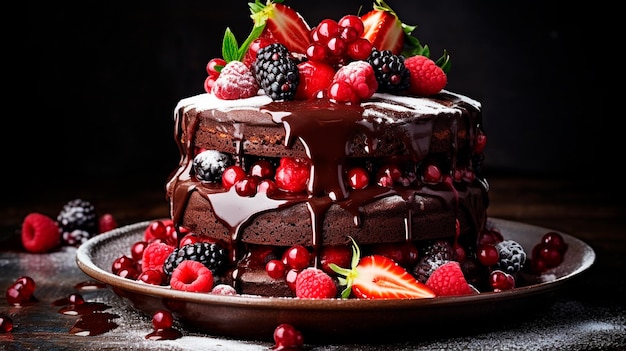 chocolate cake with berries Generative AI