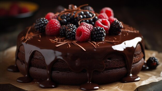 A chocolate cake with berries on it