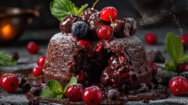 A chocolate cake with berries and mint on top