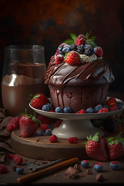 A chocolate cake with berries on top of it