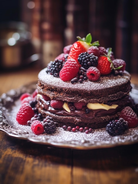 a chocolate cake with berries on top of it