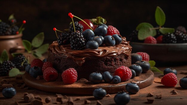 A chocolate cake with berries on top