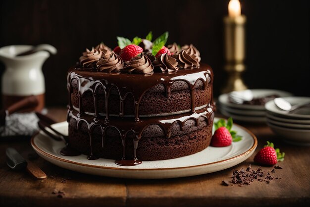 Chocolate cake with berries on a wooden board