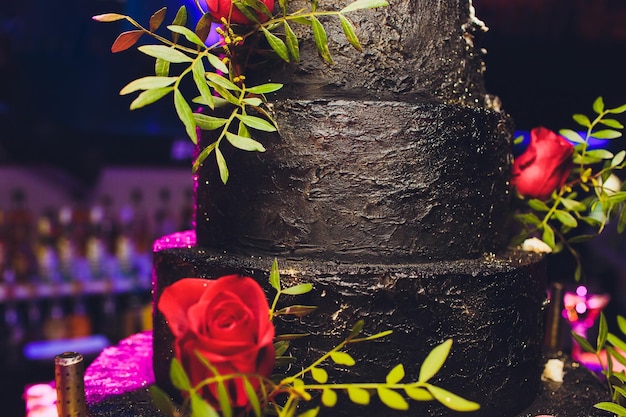 Chocolate cake with black glaze picture for a menu or a confectionery catalog