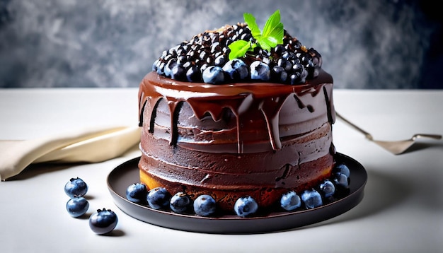 A chocolate cake with blueberries on top