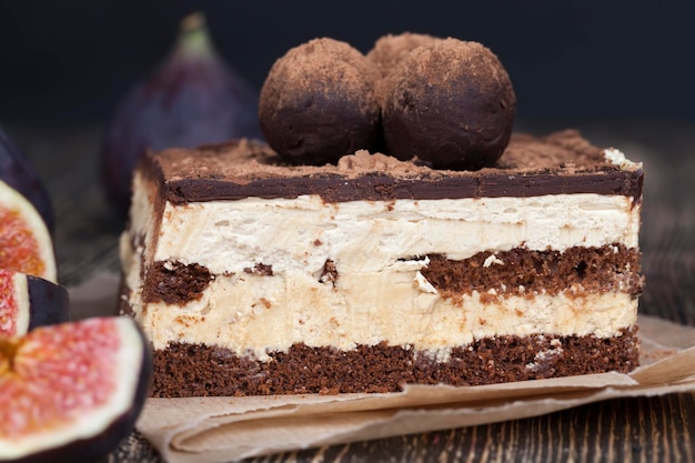 Chocolate cake with buttercream , close up