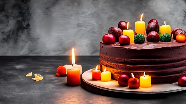 A chocolate cake with a candle in front of it