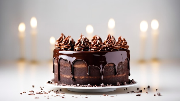 Chocolate cake with candles and chocolate ganache shown on a white backdrop Generative AI
