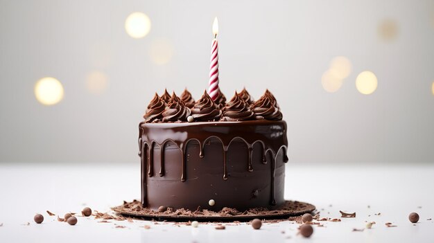 Chocolate cake with candles and chocolate ganache shown on a white backdrop Generative AI