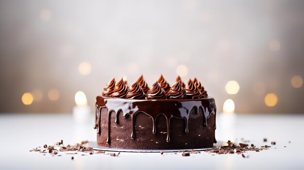 Chocolate cake with candles and chocolate ganache shown on a white backdrop Generative AI