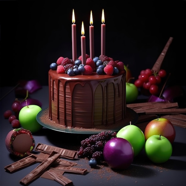 A chocolate cake with candles and fruit on it