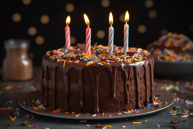 A chocolate cake with candles on it with sprinkles on it