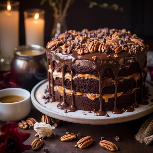 a chocolate cake with caramel and pecans on top