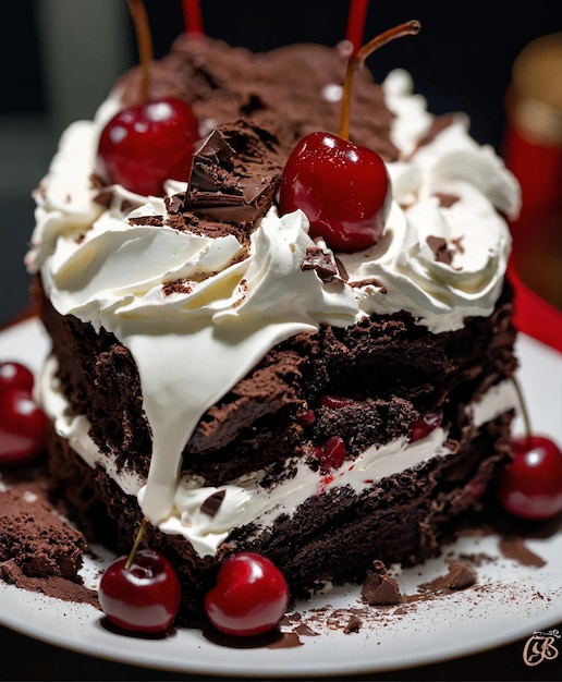 a chocolate cake with cherries on it and a cherry on the top