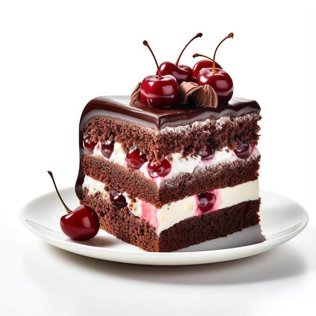 a chocolate cake with cherries on it sits on a plate.