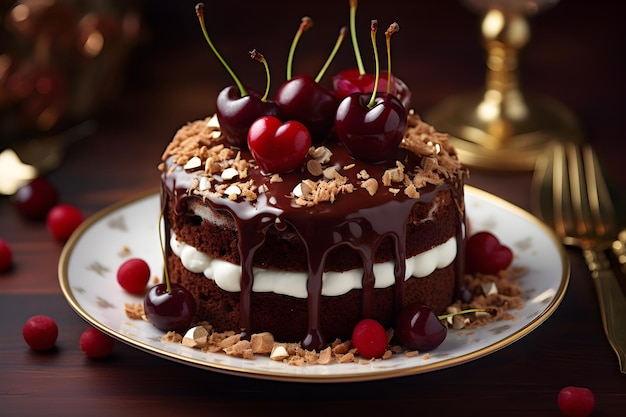 a chocolate cake with cherries on it