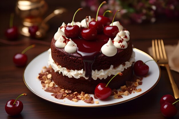 a chocolate cake with cherries on it