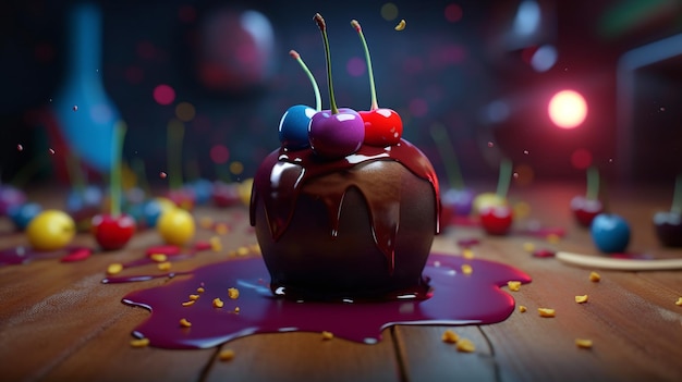 A chocolate cake with cherries on top and a sprinkle of chocolate on the bottom.