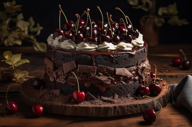 A chocolate cake with cherries on top