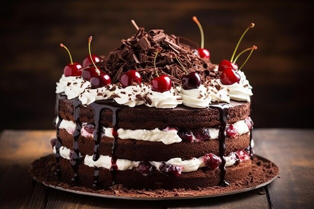 Chocolate cake with cherries and whipped cream on a wooden table