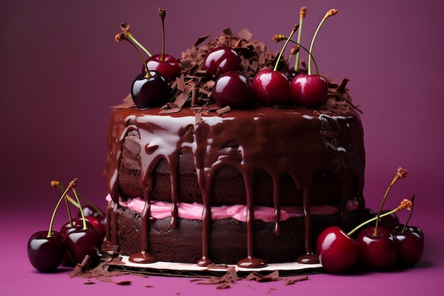 Chocolate cake with cherry and icing