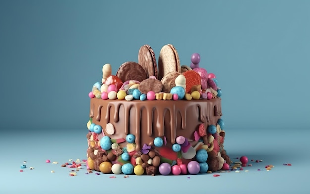 A chocolate cake with a chocolate cake and candy on the top.