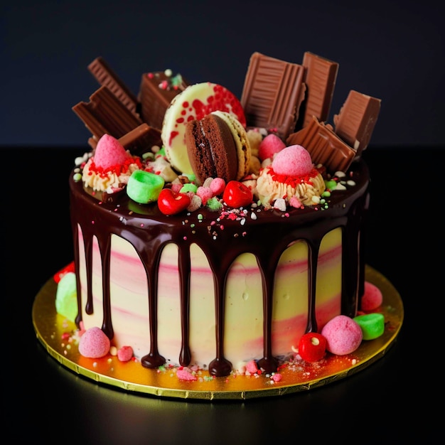 A chocolate cake with chocolate and candy on top of it