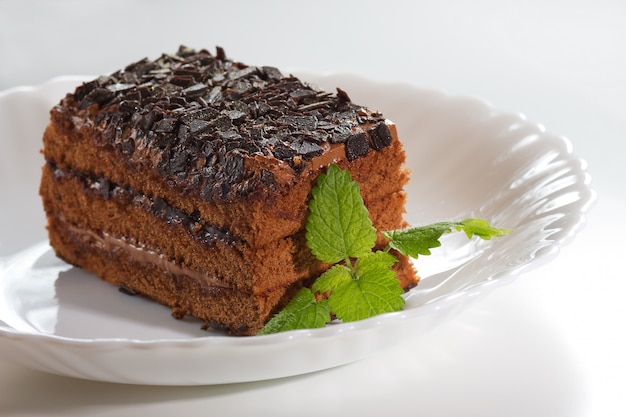 Chocolate cake with chocolate chips and mint on a white plate