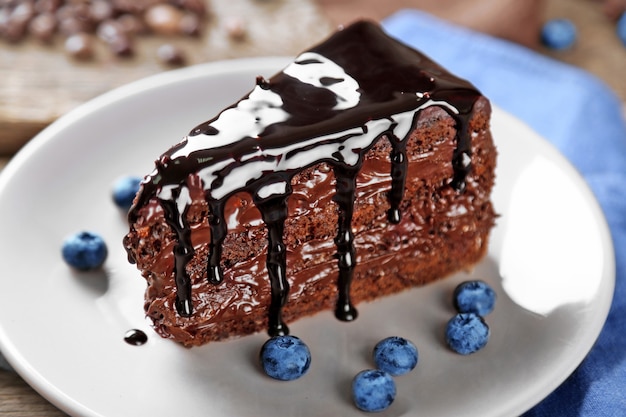 Chocolate cake with chocolate cream and fresh blueberries on plate