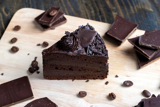 Chocolate cake with chocolate filling on the table