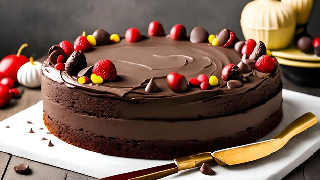 A chocolate cake with chocolate frosting and berries on top.