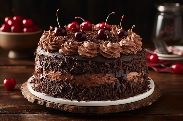 A chocolate cake with chocolate frosting and cherries on top.