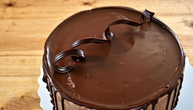 A chocolate cake with chocolate frosting and a chocolate swirl on top.
