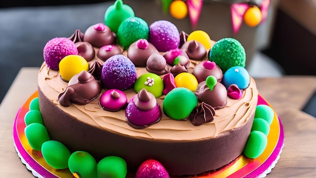 A chocolate cake with chocolate frosting and a colorful sign that says'love'on it