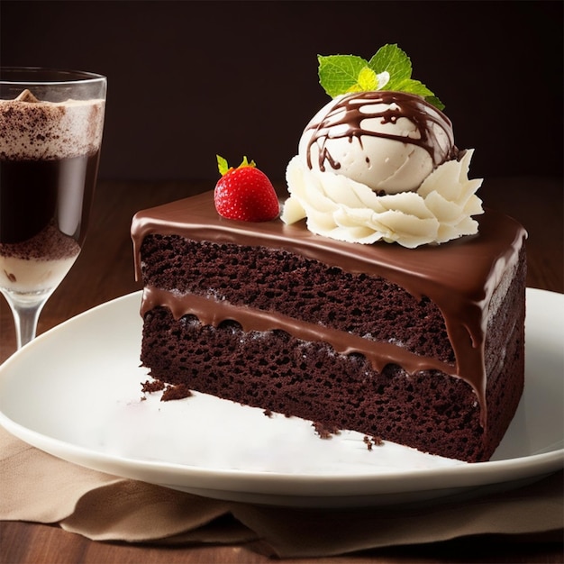 A chocolate cake with a chocolate frosting and a glass of ice cream