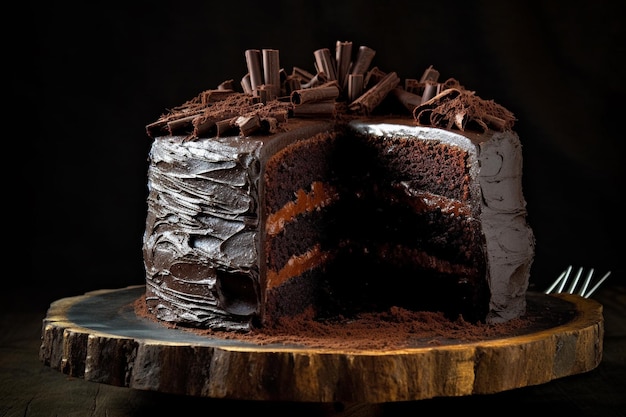 a chocolate cake with chocolate frosting and a piece of cake on a table.