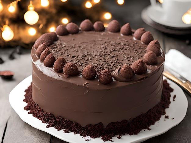 A chocolate cake with chocolate frosting and a red velvet cake with chocolate balls on top.