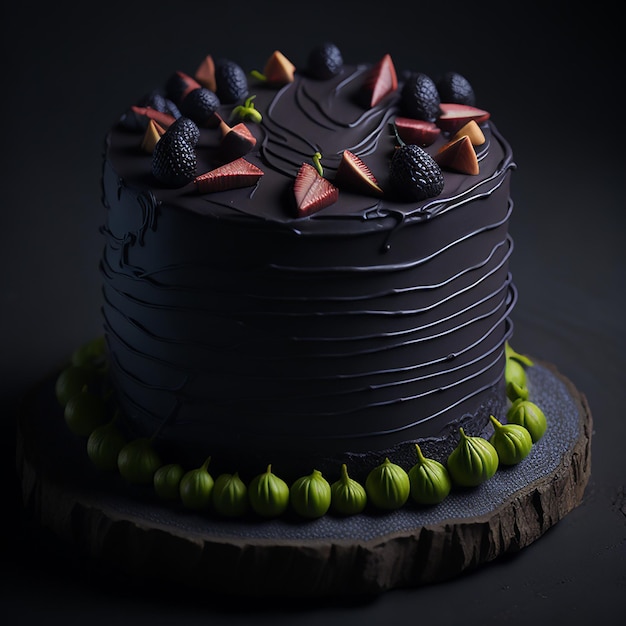 초콜릿 프로스팅과 딸기가 올려진 초콜릿 케이크.
