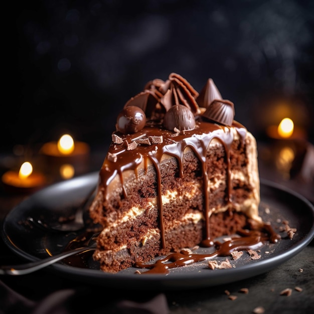 Chocolate cake with chocolate glaze on a dark background Selective focus