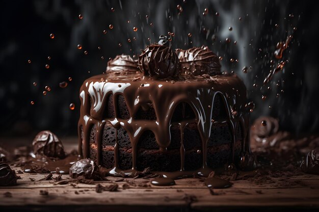 暗い背景にチョコレート釉のチョコレート ケーキ