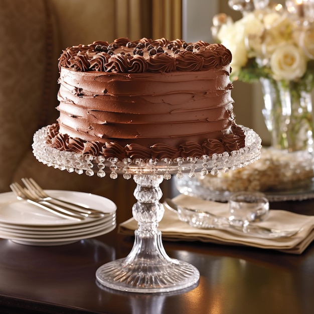 A chocolate cake with chocolate icing and a clear glass cake stand.