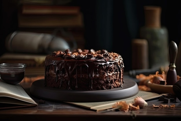 A chocolate cake with chocolate icing and a piece of chocolate on a table.