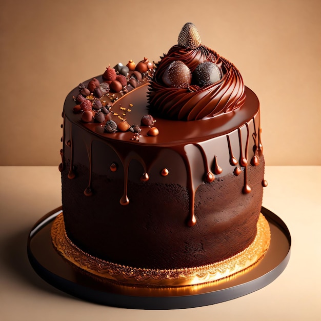 A chocolate cake with chocolate icing and a small bowl of chocolates on top