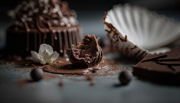 A chocolate cake with chocolate on it and a cupcake in the background